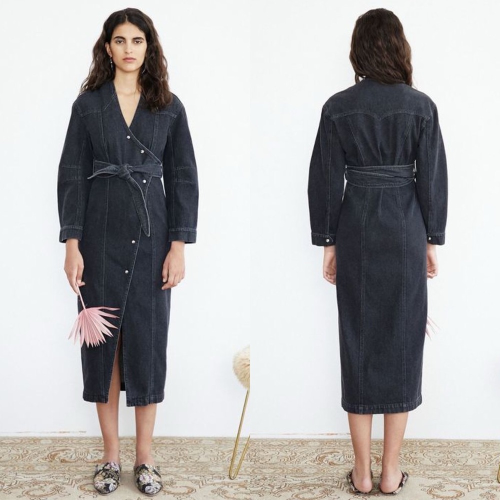 Nanushka Westie Denim Wrap Midi Dress Black Size Small